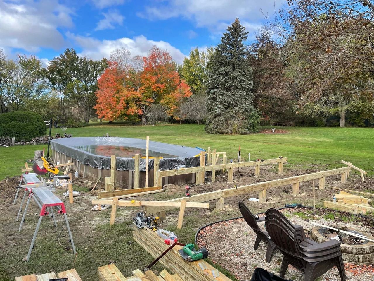 Pool deck during framing, posts and beams set